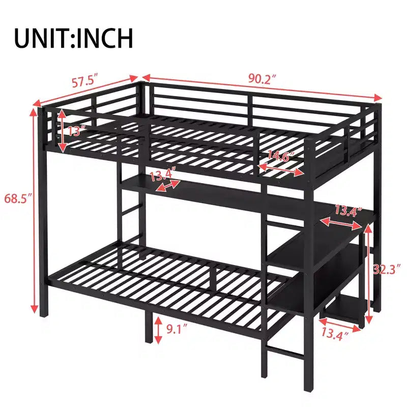 Bellemave Letto a castello full-over-twin con scrivania, luce LED e USB, robusta struttura in metallo, posizionamento multiplo, ripiani portaoggetti, certificazione di sicurezza CPC, nero