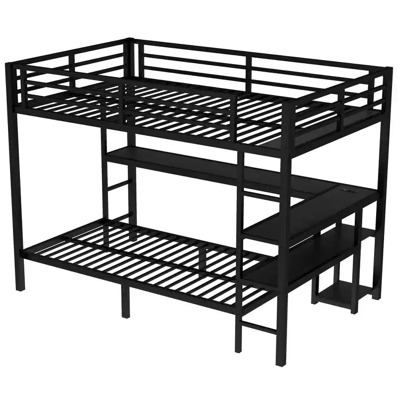 Bellemave Letto a castello full-over-twin con scrivania, luce LED e USB, robusta struttura in metallo, posizionamento multiplo, ripiani portaoggetti, certificazione di sicurezza CPC, nero