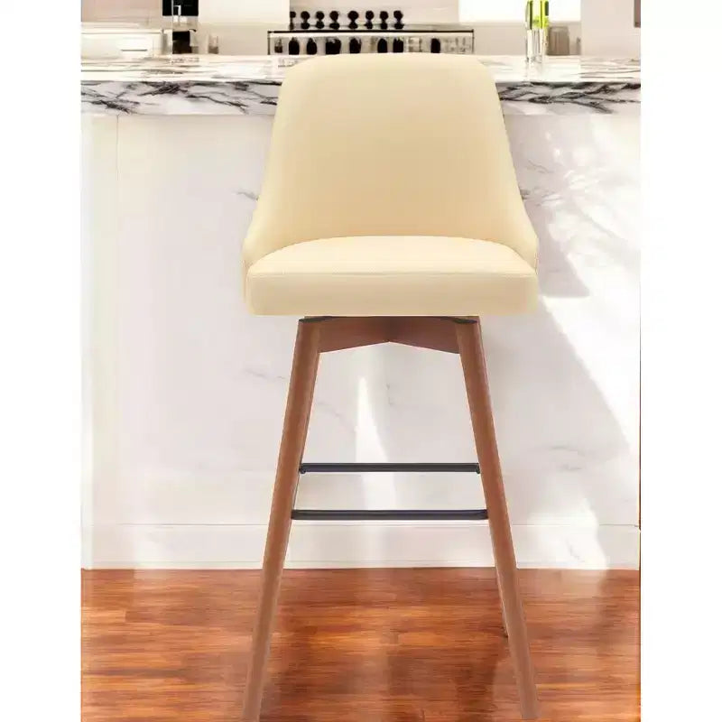 HomeRoots Sgabello da bar girevole in ecopelle crema e legno marrone con gambe in legno massello, 76 cm