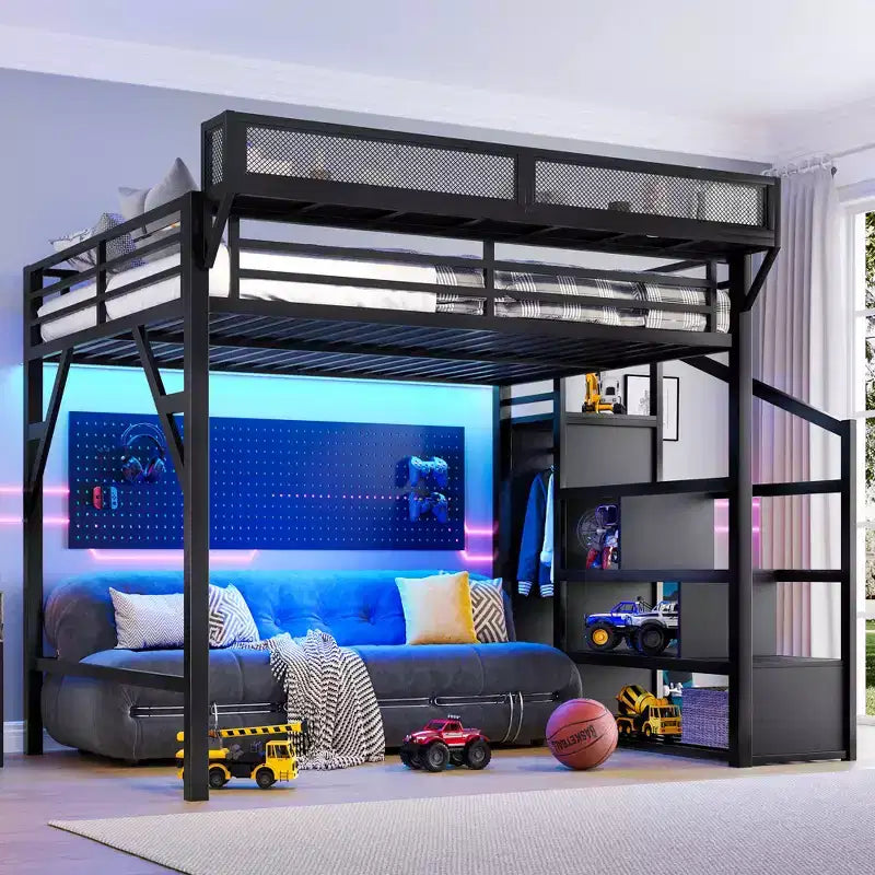 Bellemave Letto a soppalco matrimoniale Queen con scale contenitore, mensole e armadio integrato, struttura con porte USB, design a rumore ridotto, nero