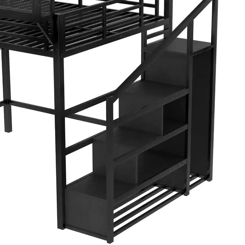 Bellemave Letto a soppalco matrimoniale Queen con scale contenitore, mensole e armadio integrato, struttura con porte USB, design a rumore ridotto, nero