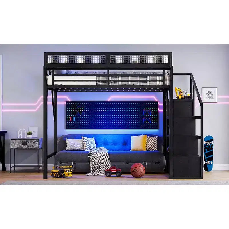 Bellemave Letto a soppalco matrimoniale Queen con scale contenitore, mensole e armadio integrato, struttura con porte USB, design a rumore ridotto, nero
