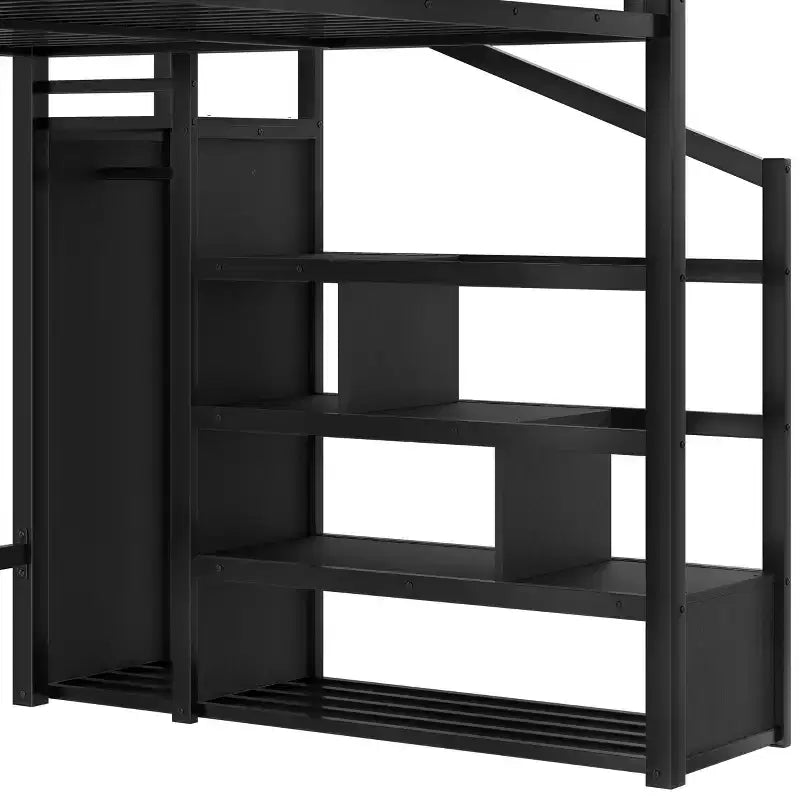 Bellemave Letto a soppalco matrimoniale Queen con scale contenitore, mensole e armadio integrato, struttura con porte USB, design a rumore ridotto, nero