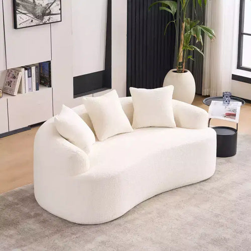 65 inch White Curved Loveseat Full Compression Sponge Sofa with 3 Pillows, 30D Chenille Compact Sofa No-Assembly