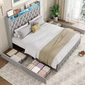 Queen Bed Frame with 50.8 Tall Upholstered Headboard, Velvet Platform Bed with 4 Storage Drawers, USB Charging Station & Lights Grey