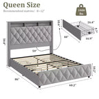 Struttura letto matrimoniale con testiera imbottita alta 50,8 cm, letto a piattaforma in velluto con 4 cassetti portaoggetti, stazione di ricarica USB e luci grigio
