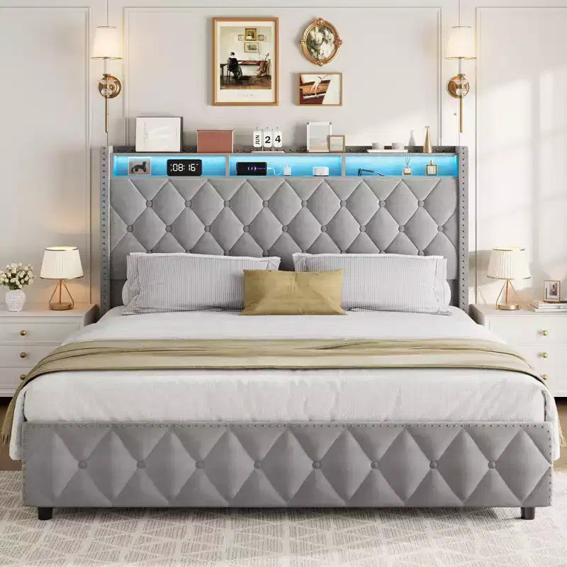 Struttura letto matrimoniale con testiera imbottita alta 50,8 cm, letto a piattaforma in velluto con 4 cassetti portaoggetti, stazione di ricarica USB e luci grigio