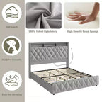 Struttura letto matrimoniale con testiera imbottita alta 50,8 cm, letto a piattaforma in velluto con 4 cassetti portaoggetti, stazione di ricarica USB e luci grigio