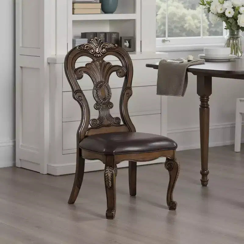 Royal Hampton Side Dining Chair Set of 2, Carved Corbels, Gold Tip Crown, Brown Wood