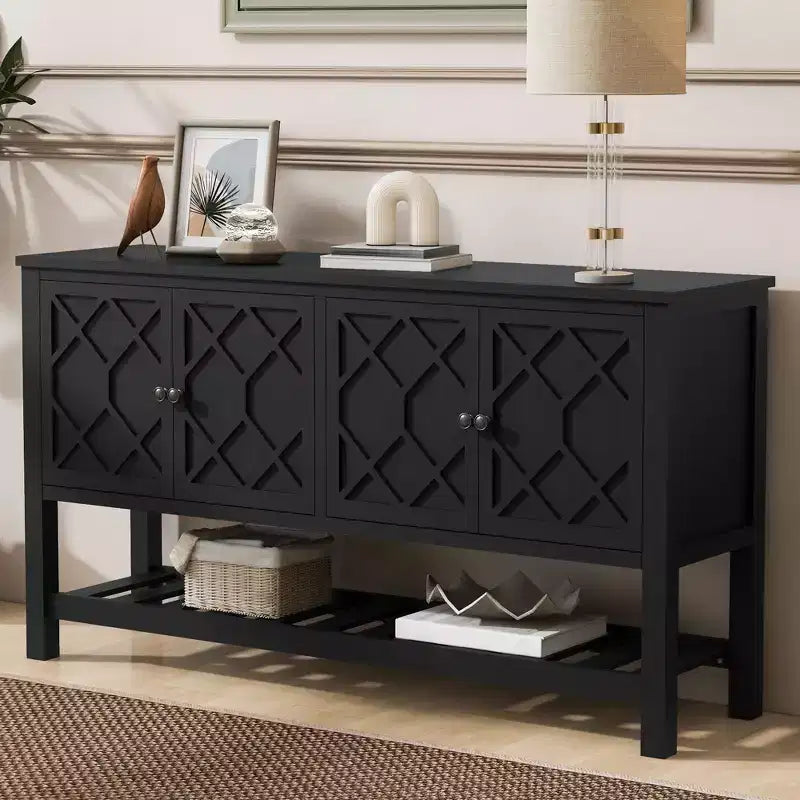 Minimalist Wood Console Table with Storage Cabinet, Modern Entryway Table with Polygonal Door and Bottom Shelf for Study and Living Room