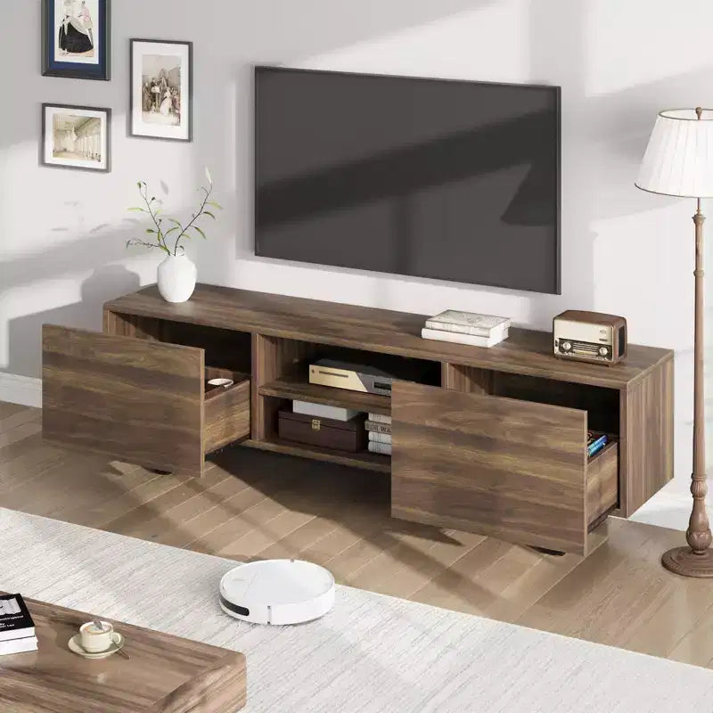Mobile TV moderno per TV da 65/75/80 pollici, mobile per intrattenimento da 70 con 2 cassetti e ripiani aperti, mobile console multimediale in legno resistente con gambe in metallo