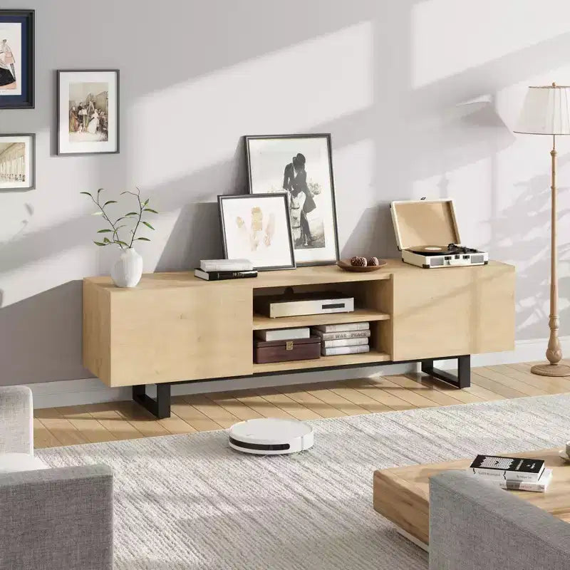 Mobile TV moderno per TV da 65/75/80 pollici, mobile per intrattenimento da 70 con 2 cassetti e ripiani aperti, mobile console multimediale in legno resistente con gambe in metallo