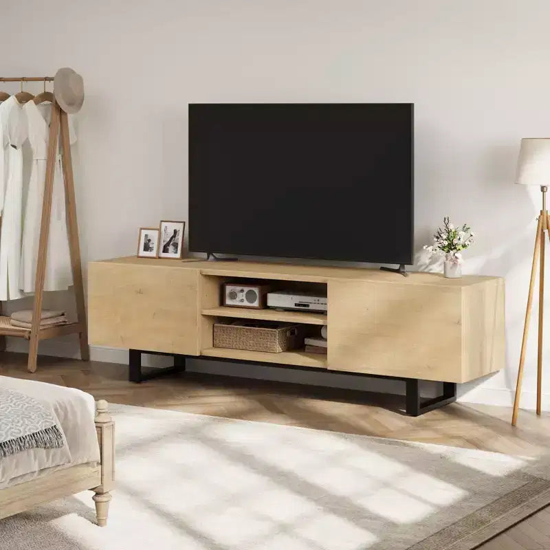 Mobile TV moderno per TV da 65/75/80 pollici, mobile per intrattenimento da 70 con 2 cassetti e ripiani aperti, mobile console multimediale in legno resistente con gambe in metallo