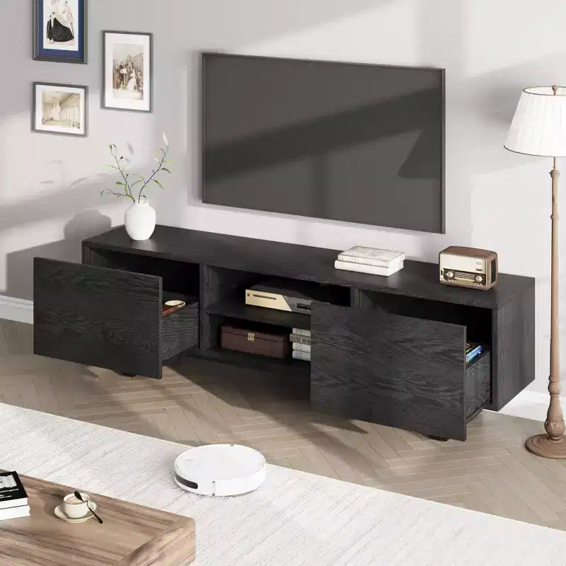 Mobile TV moderno per TV da 65/75/80 pollici, mobile per intrattenimento da 70 con 2 cassetti e ripiani aperti, mobile console multimediale in legno resistente con gambe in metallo