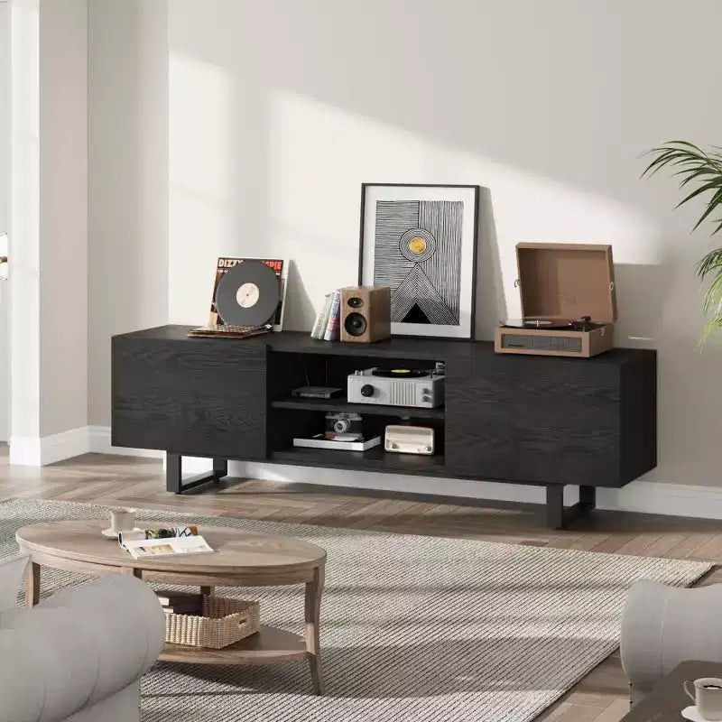 Mobile TV moderno per TV da 65/75/80 pollici, mobile per intrattenimento da 70 con 2 cassetti e ripiani aperti, mobile console multimediale in legno resistente con gambe in metallo