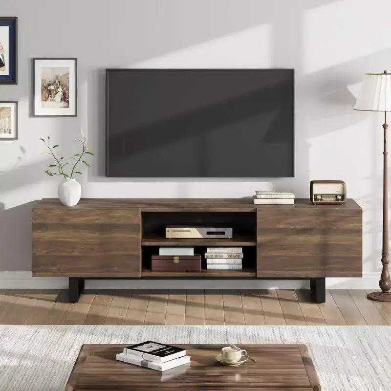 Mobile TV moderno per TV da 65/75/80 pollici, mobile per intrattenimento da 70 con 2 cassetti e ripiani aperti, mobile console multimediale in legno resistente con gambe in metallo