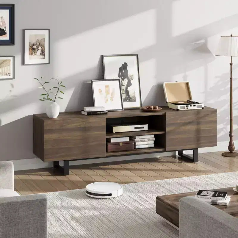 Mobile TV moderno per TV da 65/75/80 pollici, mobile per intrattenimento da 70 con 2 cassetti e ripiani aperti, mobile console multimediale in legno resistente con gambe in metallo