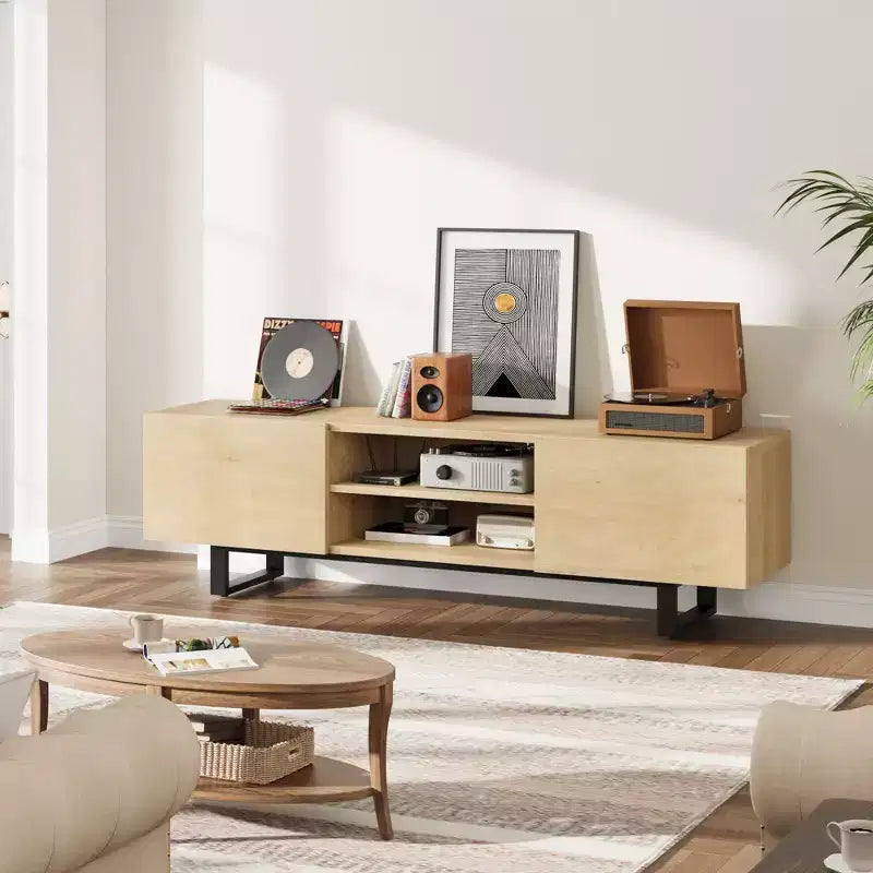 Mobile TV moderno per TV da 65/75/80 pollici, mobile per intrattenimento da 70 con 2 cassetti e ripiani aperti, mobile console multimediale in legno resistente con gambe in metallo