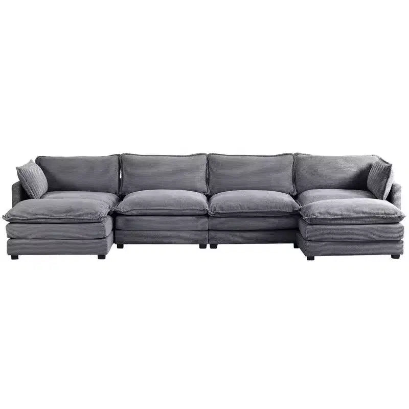 Divano sezionale a U in velluto a coste spazioso Hyleory con 2 pouf mobili - Comfort modulare per il soggiorno moderno