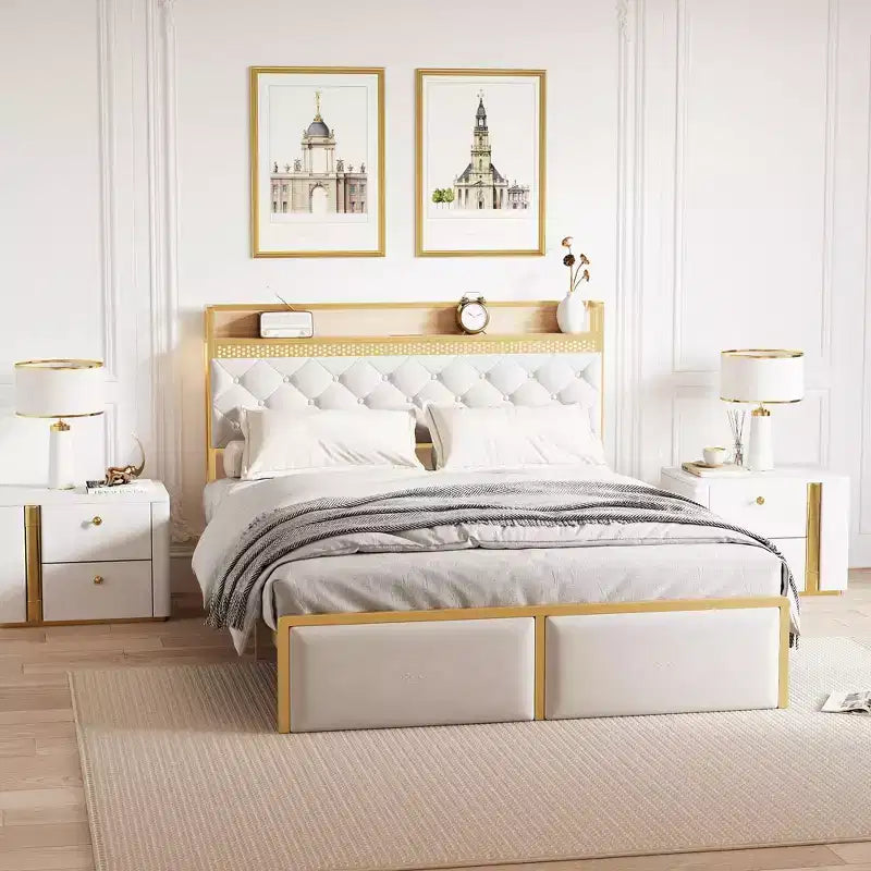 Struttura Letto, Testiera con Contenitore e 2 Cassetti Contenitori, Letto a Piattaforma Imbottito, Silenzioso, Nessuna Molla Necessaria, Facile Montaggio