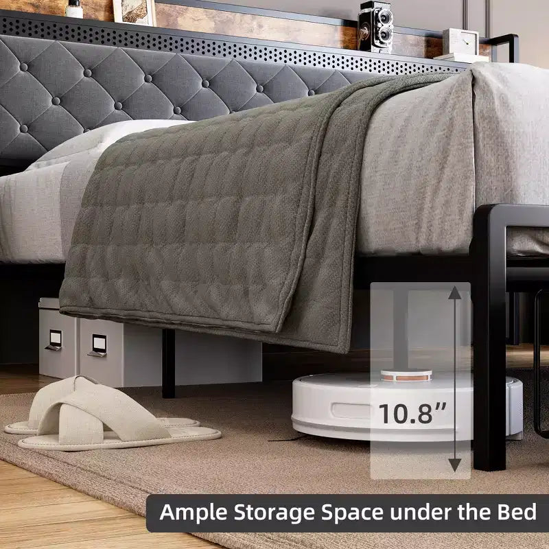 Struttura Letto, Testiera con Contenitore e 2 Cassetti Contenitori, Letto a Piattaforma Imbottito, Silenzioso, Nessuna Molla Necessaria, Facile Montaggio