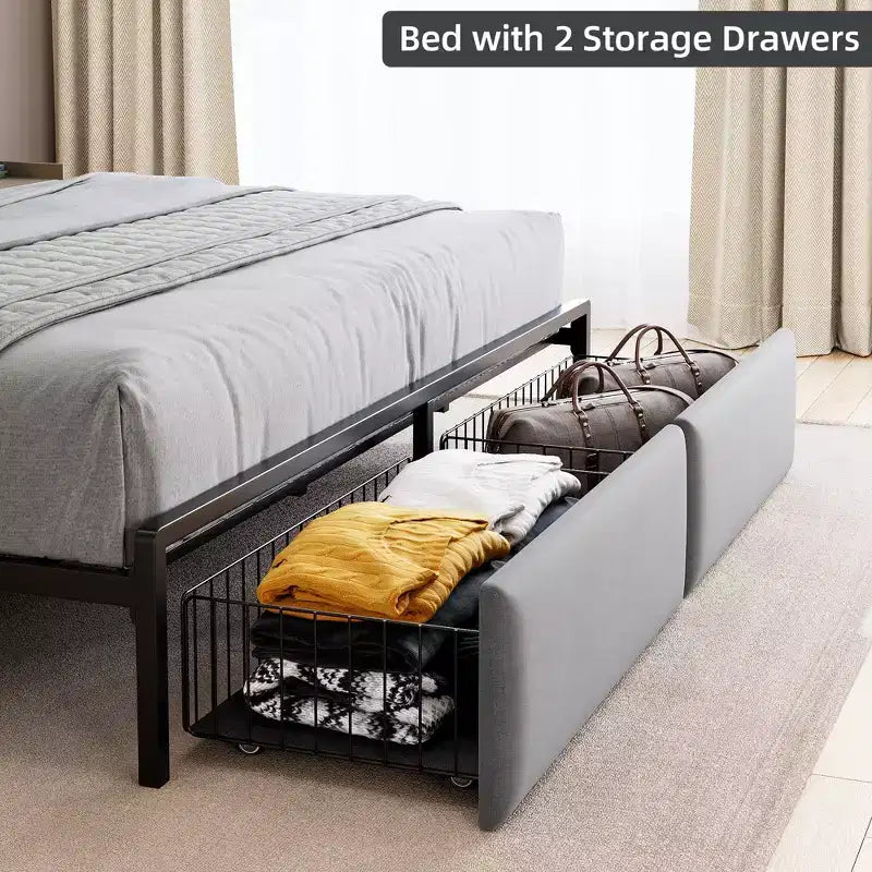 Struttura Letto, Testiera con Contenitore e 2 Cassetti Contenitori, Letto a Piattaforma Imbottito, Silenzioso, Nessuna Molla Necessaria, Facile Montaggio