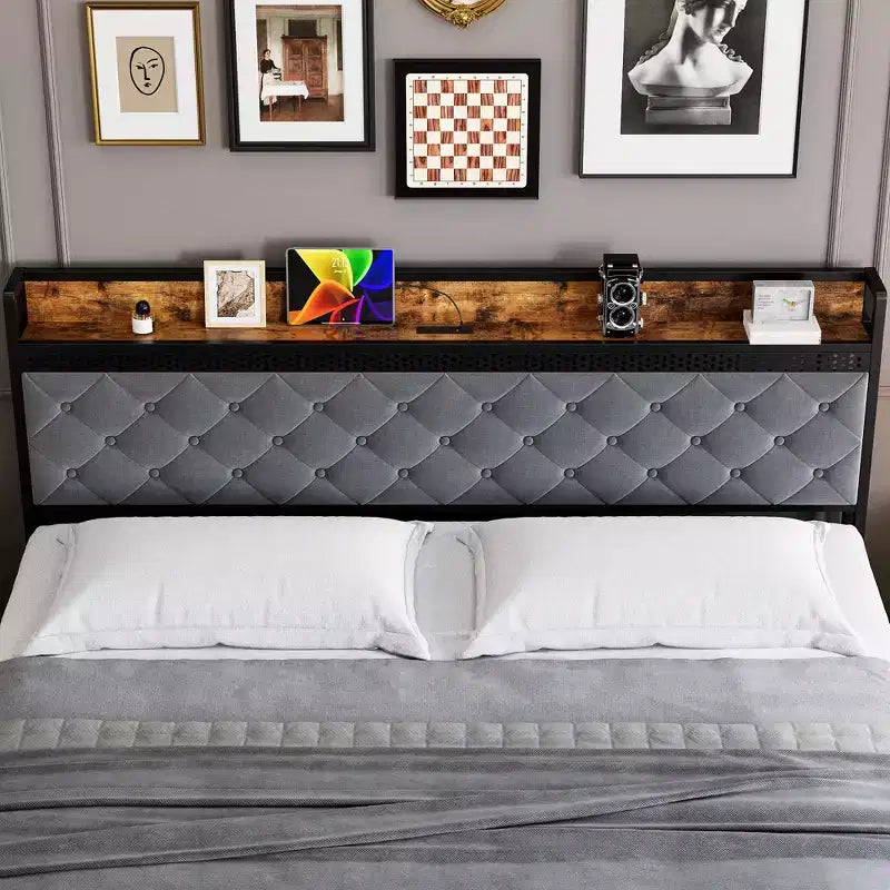 Struttura Letto, Testiera con Contenitore e 2 Cassetti Contenitori, Letto a Piattaforma Imbottito, Silenzioso, Nessuna Molla Necessaria, Facile Montaggio