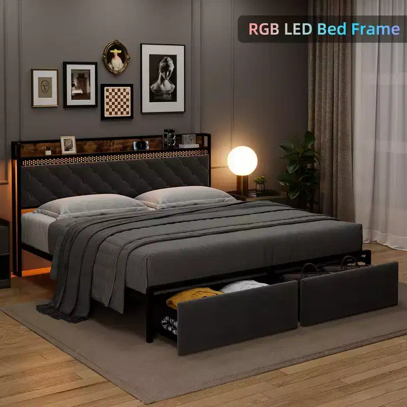 Struttura Letto, Testiera con Contenitore e 2 Cassetti Contenitori, Letto a Piattaforma Imbottito, Silenzioso, Nessuna Molla Necessaria, Facile Montaggio
