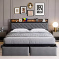 Bed Frame, Storage Headboard and 2 Storage Drawers, Upholstered Platform Bed, Noise Free, No Box Spring Needed, Easy Assembly