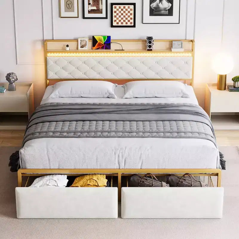 Struttura Letto, Testiera con Contenitore e 2 Cassetti Contenitori, Letto a Piattaforma Imbottito, Silenzioso, Nessuna Molla Necessaria, Facile Montaggio
