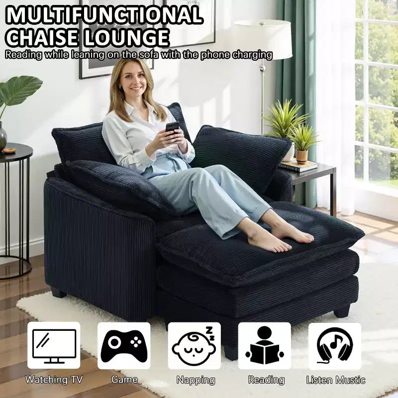 EHMKNP Poltrona Divano Cloud Comoda 101 cm L - Set Sedia Oversize e Pouf in Velluto a Coste, Rivestimento Felpato e Seduta Extra Profonda per Soggiorni di Piccoli Appartamenti