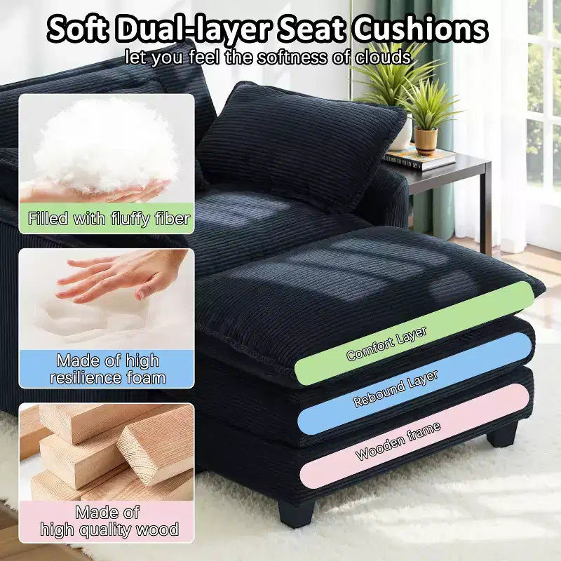 EHMKNP Poltrona Divano Cloud Comoda 101 cm L - Set Sedia Oversize e Pouf in Velluto a Coste, Rivestimento Felpato e Seduta Extra Profonda per Soggiorni di Piccoli Appartamenti
