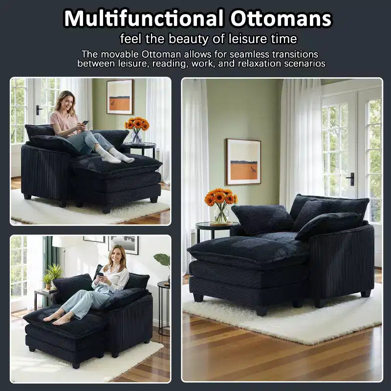 EHMKNP Poltrona Divano Cloud Comoda 101 cm L - Set Sedia Oversize e Pouf in Velluto a Coste, Rivestimento Felpato e Seduta Extra Profonda per Soggiorni di Piccoli Appartamenti