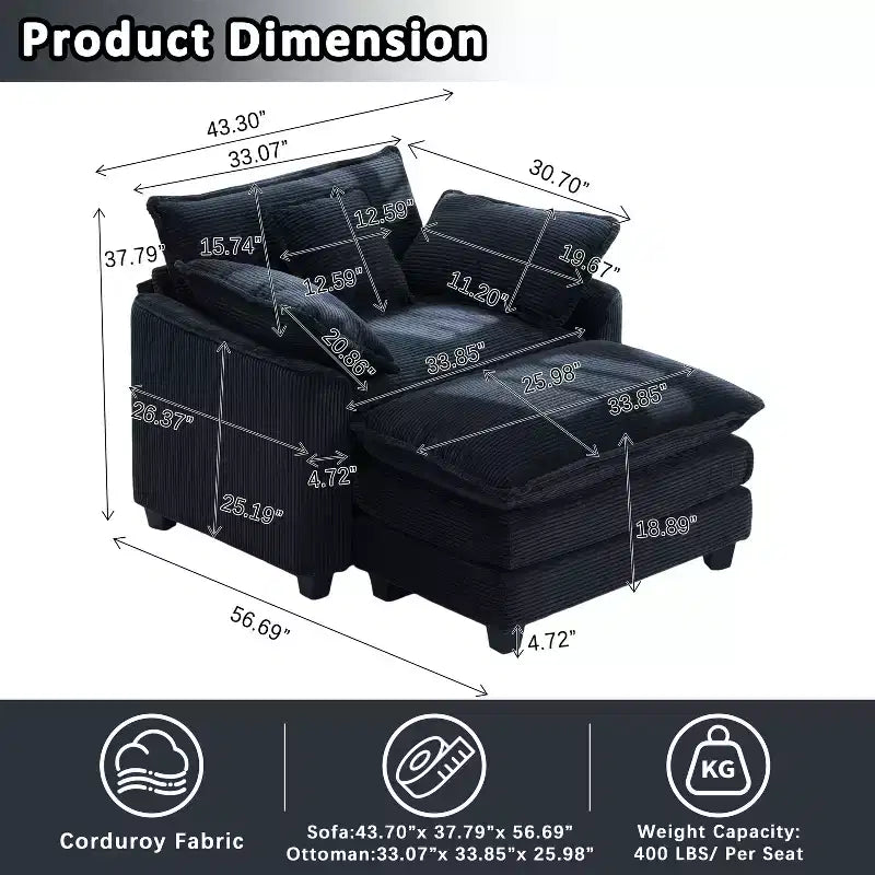 EHMKNP Poltrona Divano Cloud Comoda 101 cm L - Set Sedia Oversize e Pouf in Velluto a Coste, Rivestimento Felpato e Seduta Extra Profonda per Soggiorni di Piccoli Appartamenti