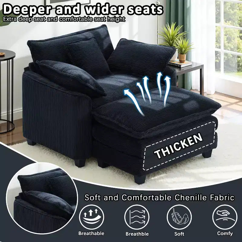 EHMKNP Poltrona Divano Cloud Comoda 101 cm L - Set Sedia Oversize e Pouf in Velluto a Coste, Rivestimento Felpato e Seduta Extra Profonda per Soggiorni di Piccoli Appartamenti