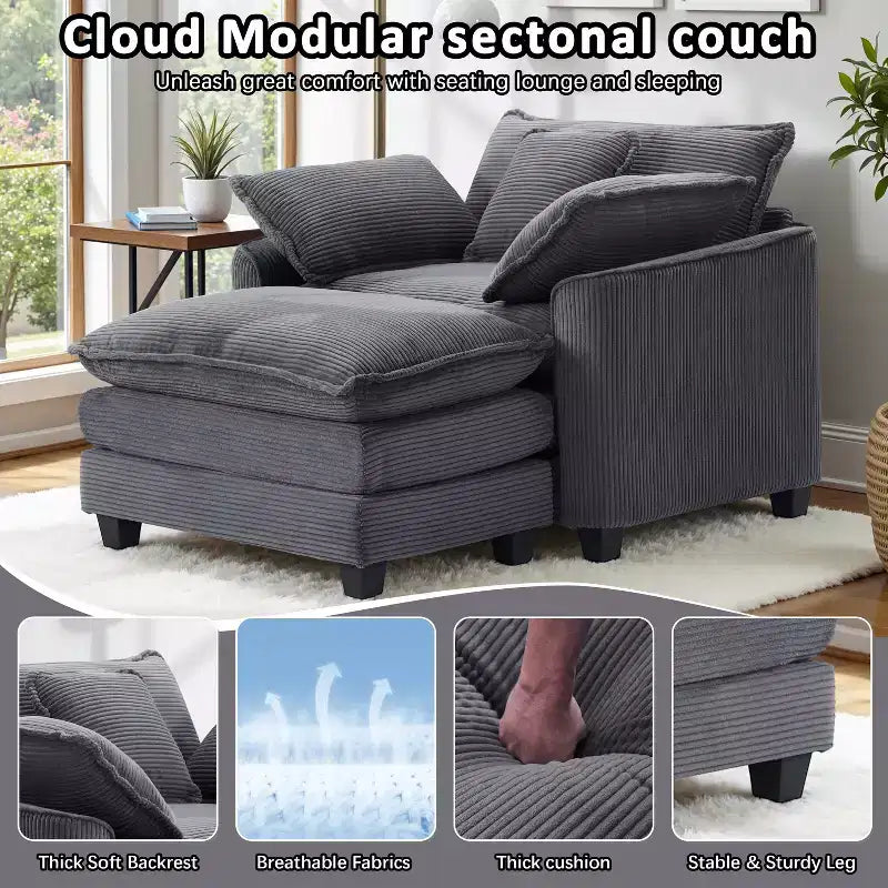 EHMKNP Poltrona Divano Cloud Comoda 101 cm L - Set Sedia Oversize e Pouf in Velluto a Coste, Rivestimento Felpato e Seduta Extra Profonda per Soggiorni di Piccoli Appartamenti