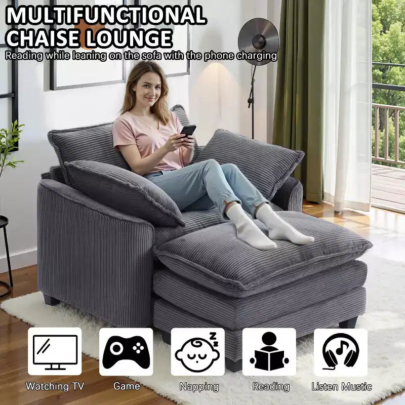 EHMKNP Poltrona Divano Cloud Comoda 101 cm L - Set Sedia Oversize e Pouf in Velluto a Coste, Rivestimento Felpato e Seduta Extra Profonda per Soggiorni di Piccoli Appartamenti