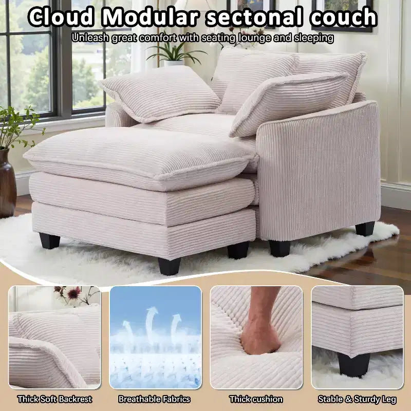 EHMKNP Poltrona Divano Cloud Comoda 101 cm L - Set Sedia Oversize e Pouf in Velluto a Coste, Rivestimento Felpato e Seduta Extra Profonda per Soggiorni di Piccoli Appartamenti