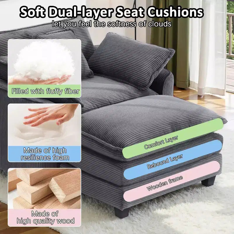 EHMKNP Poltrona Divano Cloud Comoda 101 cm L - Set Sedia Oversize e Pouf in Velluto a Coste, Rivestimento Felpato e Seduta Extra Profonda per Soggiorni di Piccoli Appartamenti