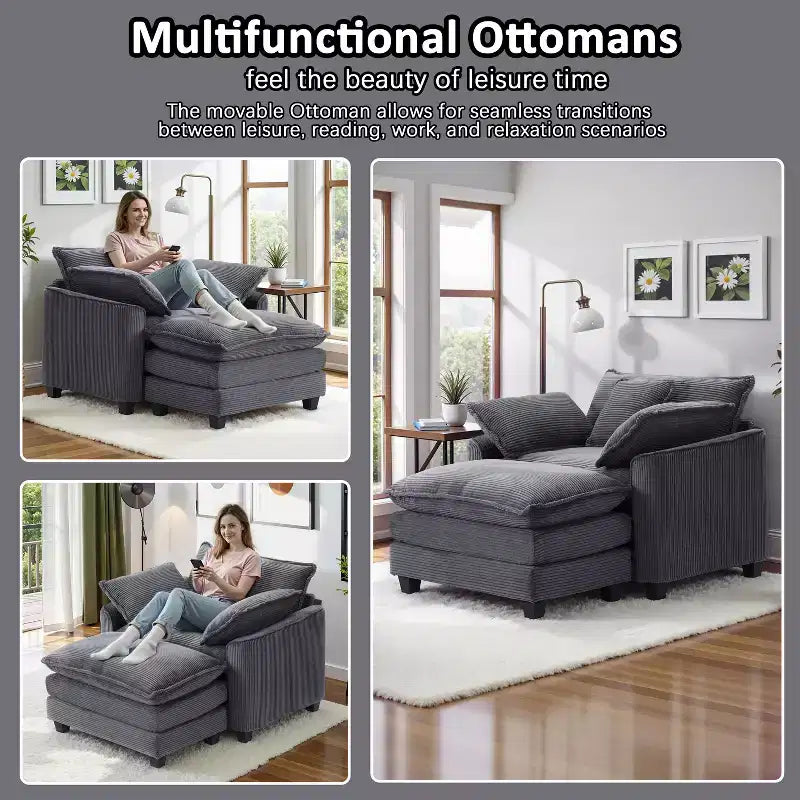 EHMKNP Poltrona Divano Cloud Comoda 101 cm L - Set Sedia Oversize e Pouf in Velluto a Coste, Rivestimento Felpato e Seduta Extra Profonda per Soggiorni di Piccoli Appartamenti