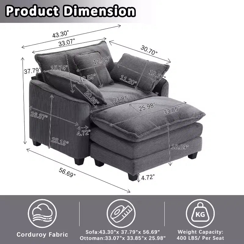 EHMKNP Poltrona Divano Cloud Comoda 101 cm L - Set Sedia Oversize e Pouf in Velluto a Coste, Rivestimento Felpato e Seduta Extra Profonda per Soggiorni di Piccoli Appartamenti