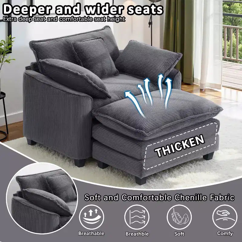 EHMKNP Poltrona Divano Cloud Comoda 101 cm L - Set Sedia Oversize e Pouf in Velluto a Coste, Rivestimento Felpato e Seduta Extra Profonda per Soggiorni di Piccoli Appartamenti
