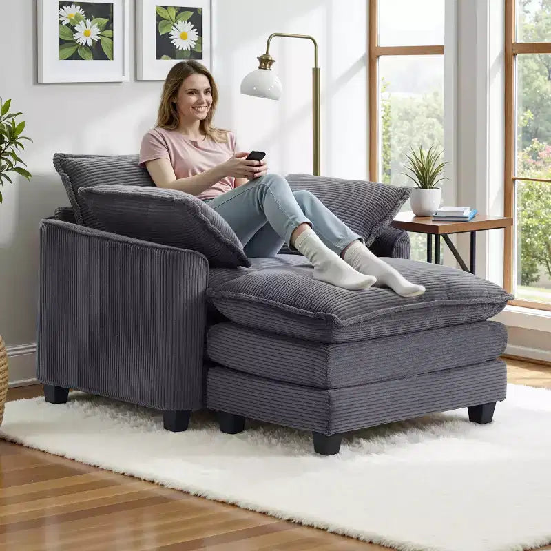 EHMKNP Poltrona Divano Cloud Comoda 101 cm L - Set Sedia Oversize e Pouf in Velluto a Coste, Rivestimento Felpato e Seduta Extra Profonda per Soggiorni di Piccoli Appartamenti