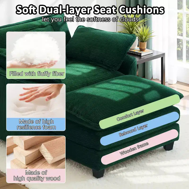 EHMKNP Poltrona Divano Cloud Comoda 101 cm L - Set Sedia Oversize e Pouf in Velluto a Coste, Rivestimento Felpato e Seduta Extra Profonda per Soggiorni di Piccoli Appartamenti
