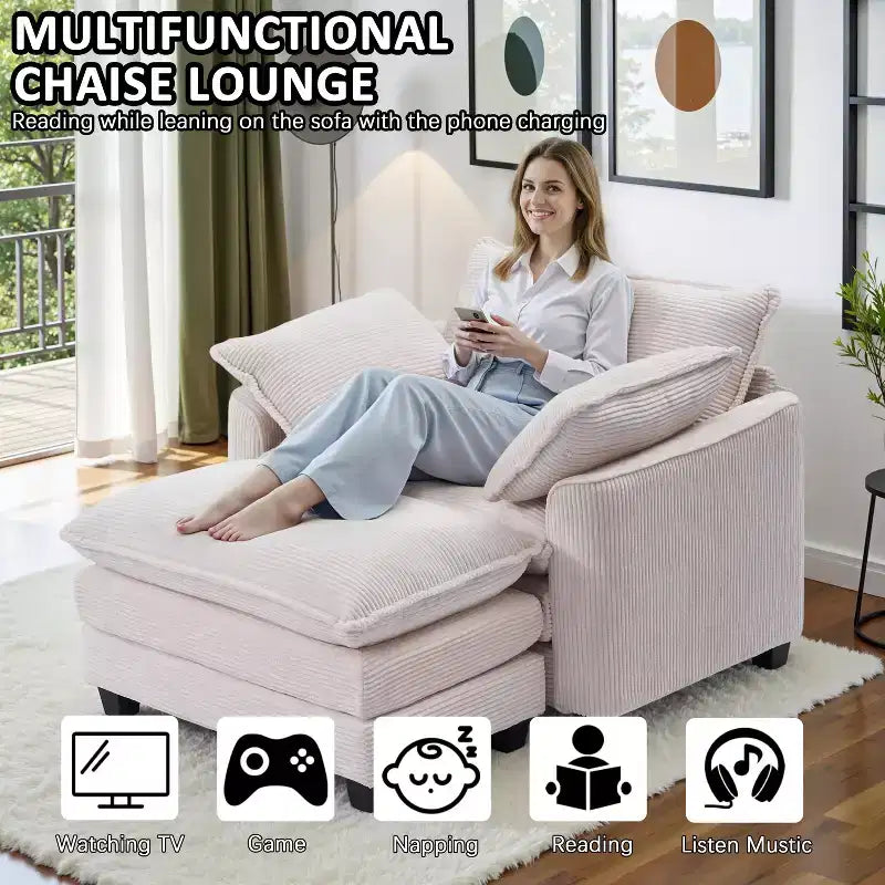 EHMKNP Poltrona Divano Cloud Comoda 101 cm L - Set Sedia Oversize e Pouf in Velluto a Coste, Rivestimento Felpato e Seduta Extra Profonda per Soggiorni di Piccoli Appartamenti
