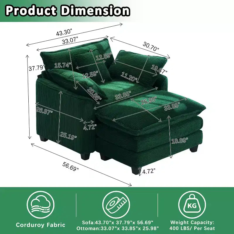 EHMKNP Poltrona Divano Cloud Comoda 101 cm L - Set Sedia Oversize e Pouf in Velluto a Coste, Rivestimento Felpato e Seduta Extra Profonda per Soggiorni di Piccoli Appartamenti
