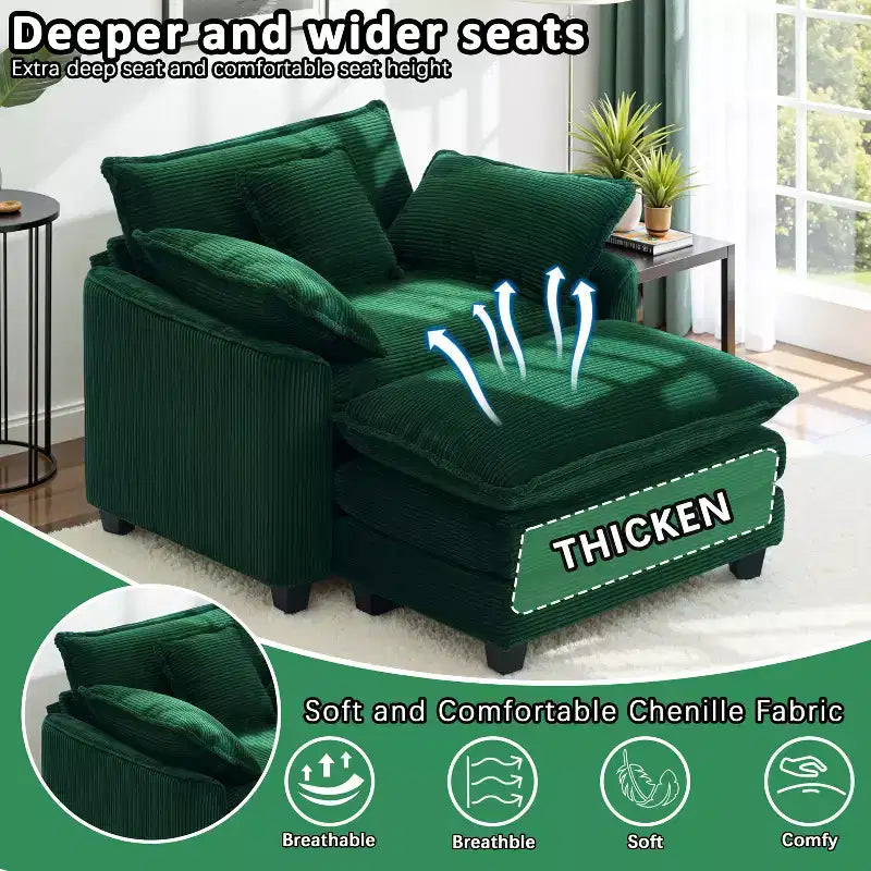 EHMKNP Poltrona Divano Cloud Comoda 101 cm L - Set Sedia Oversize e Pouf in Velluto a Coste, Rivestimento Felpato e Seduta Extra Profonda per Soggiorni di Piccoli Appartamenti