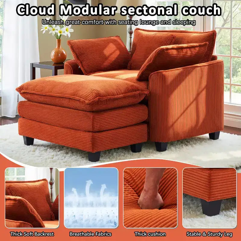 EHMKNP Poltrona Divano Cloud Comoda 101 cm L - Set Sedia Oversize e Pouf in Velluto a Coste, Rivestimento Felpato e Seduta Extra Profonda per Soggiorni di Piccoli Appartamenti