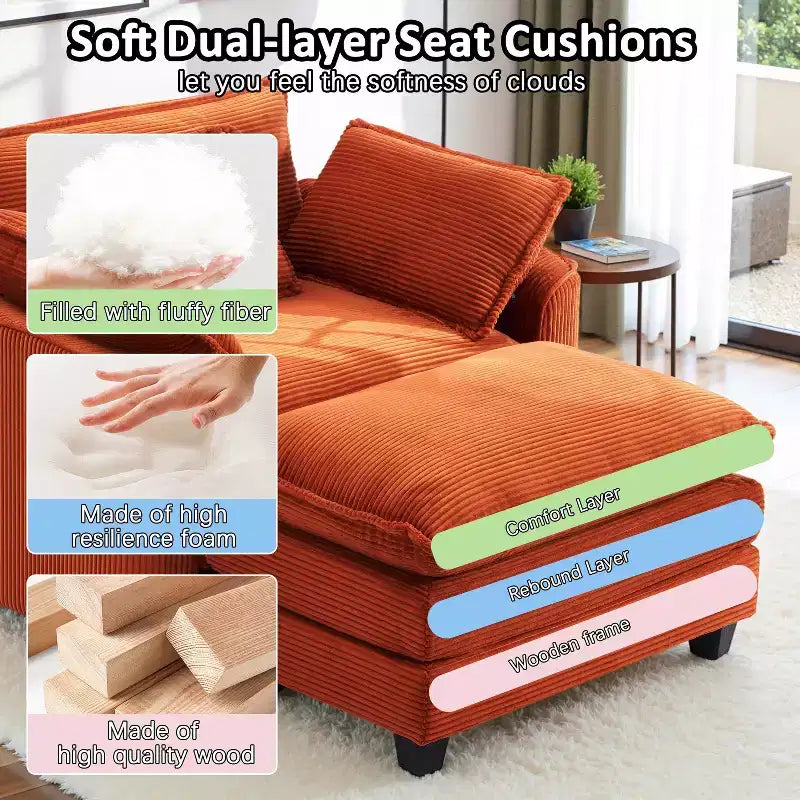 EHMKNP Poltrona Divano Cloud Comoda 101 cm L - Set Sedia Oversize e Pouf in Velluto a Coste, Rivestimento Felpato e Seduta Extra Profonda per Soggiorni di Piccoli Appartamenti