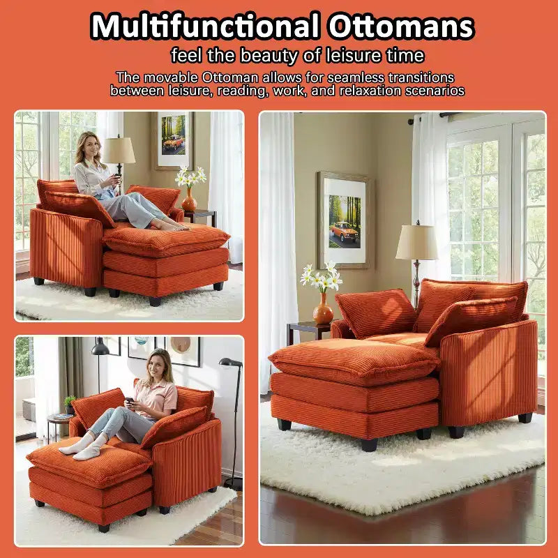 EHMKNP Poltrona Divano Cloud Comoda 101 cm L - Set Sedia Oversize e Pouf in Velluto a Coste, Rivestimento Felpato e Seduta Extra Profonda per Soggiorni di Piccoli Appartamenti